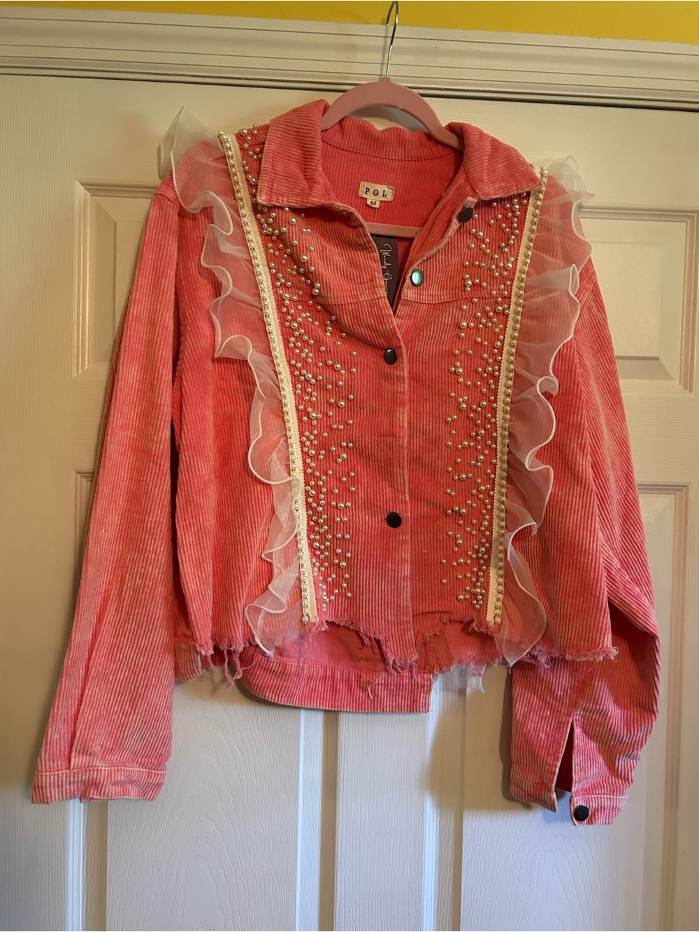 POL Pink Corduroy Ruffle Jacket with Pearl Accents
